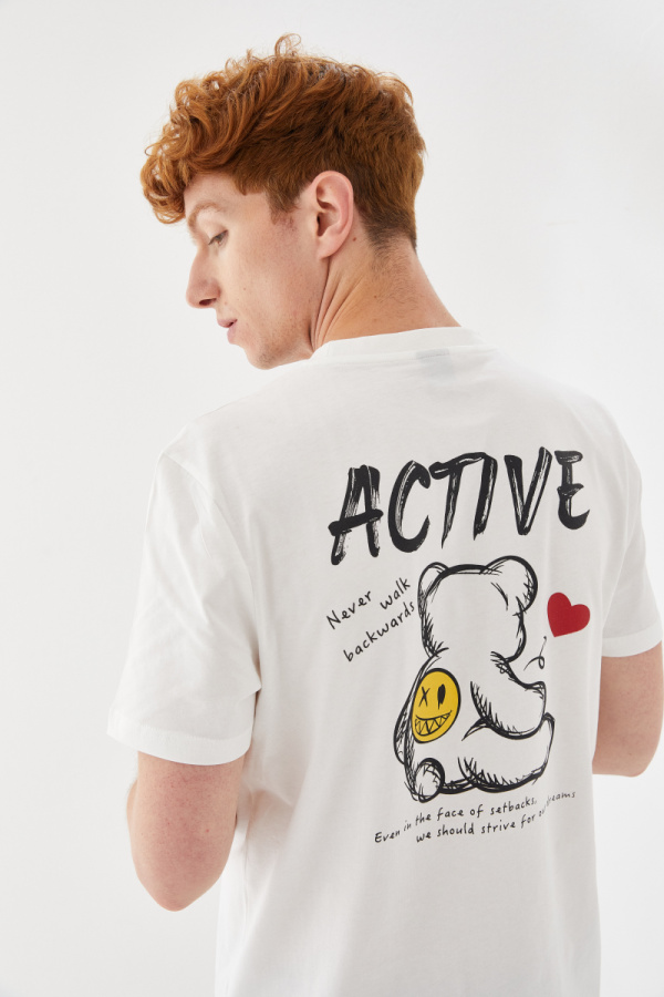 Active Boykot Baskılı Bisiklet Yaka Regular Fit Tişört Ekru - 4