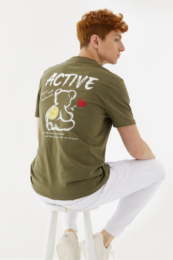 Active Boykot Baskılı Bisiklet Yaka Regular Fit Tişört Haki - 6