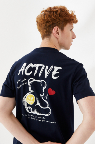 Active Boykot Baskılı Bisiklet Yaka Regular Fit Tişört Lacivert - 3