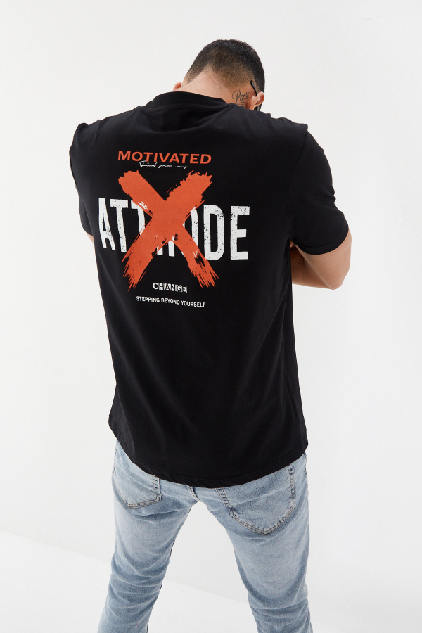 Attitude Motivated Baskılı Bisiklet Yaka Regular Fit Tişört Siyah - 5