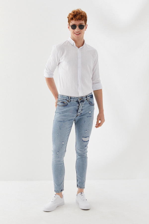 Önü Yırtık Zincirsiz Boru Paça Skinny Fit Denim Uzun Pantolon Buz Mavisi - 1