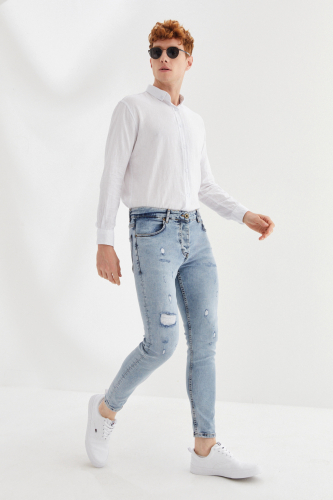 Önü Yırtık Zincirsiz Boru Paça Skinny Fit Denim Uzun Pantolon Buz Mavisi - 2