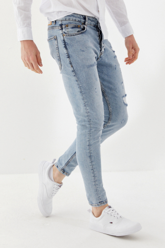 Önü Yırtık Zincirsiz Boru Paça Skinny Fit Denim Uzun Pantolon Buz Mavisi - 5